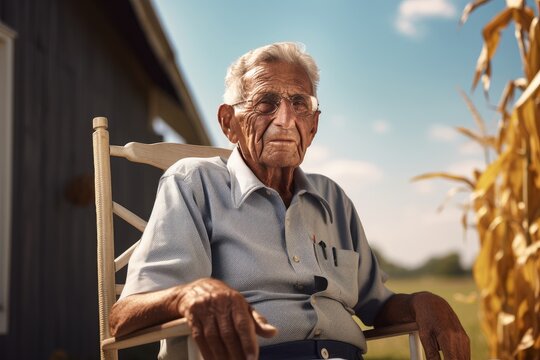 A Personal Portrait Of A Senior Citizen Sitting On A Rocking Chair On A Porch, With A Blurred Backdrop Of A Cornfield. Use A Hasselblad Camera With A 85mm Lens At F 1.2 Aperture. Generative AI