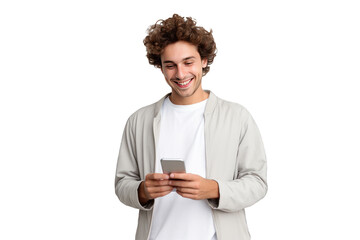 Front view of Young happy man looking at his phone isolated on a cutout PNG transparent background