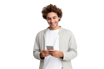 Front view of Young happy man looking at his phone isolated on a cutout PNG transparent background