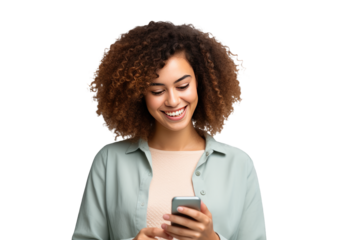 Front view of afro-american Young happy woman looking at his phone isolated on a cutout PNG transparent background