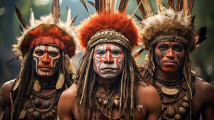 Tribal people with traditional face paint and headdresses in a forest setting. - obrazy, fototapety, plakaty