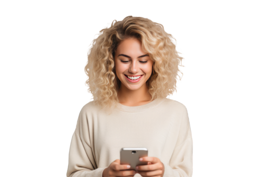 Front view of blonde Young happy woman looking at his phone isolated on a cutout PNG transparent background