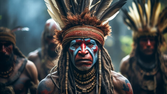 Tribal people with traditional face paint and headdresses in a forest setting.