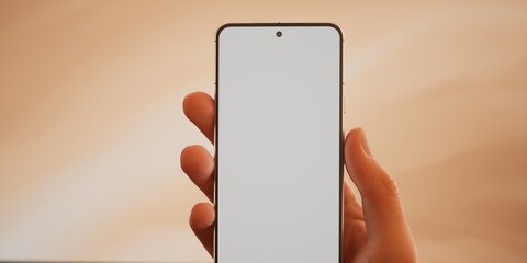  Caucasian man holding phone on a color of 2024 peach fuzz, blank screen mockup