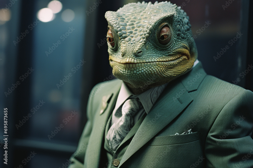 Poster an artistic image of a chameleon adapting its colors to the corporate environment, symbolizing adapt