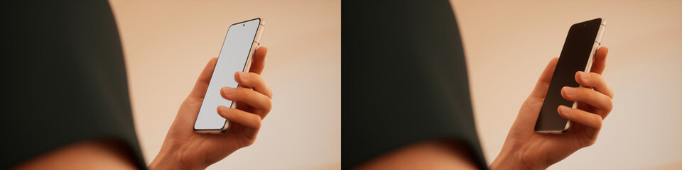  Caucasian man holding phone on a color of 2024 peach fuzz, blank screen mockup