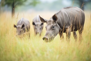 warthog family grazing on savanna grass