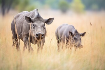 warthog family grazing in open grassland