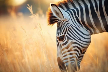 Foto op Canvas zebra grazing, backlit by golden light © primopiano