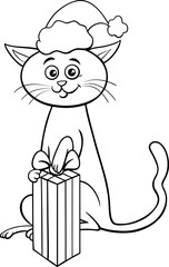 cartoon cat with present on Christmas time coloring page