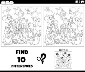 differences game with cartoon Santa Clauses coloring page