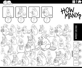 counting activity with cartoon animals on Christmas coloring page
