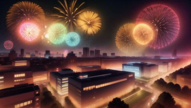 Animated Video Of Colorful fireworks explode in the city at night, suitable for celebrating New Year Night.