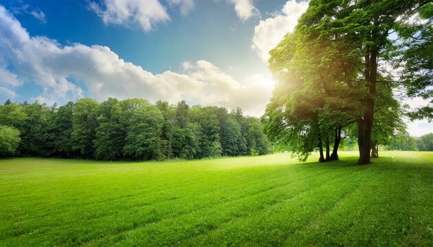 fresh air and beautiful natural landscape of meadow with green tree in the sunny day for summer background beautiful lanscape of grass field with forest trees and enviroment public park with sun ray