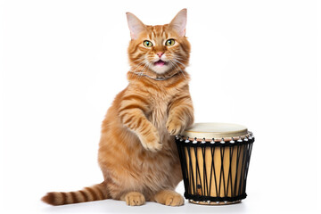 Ginger cat playing bongo drum isolated on a white background