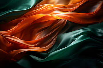 An abstract representation of the Irish flag in a flowing, artistic style. - obrazy, fototapety, plakaty