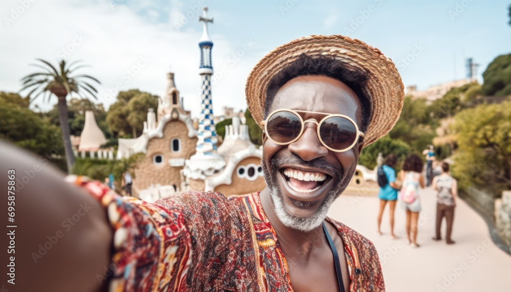 Wall mural Happy tourist take selfie self portrait with smartphone in the city, Smiling man on vacation looking at camera, Holidays and travel