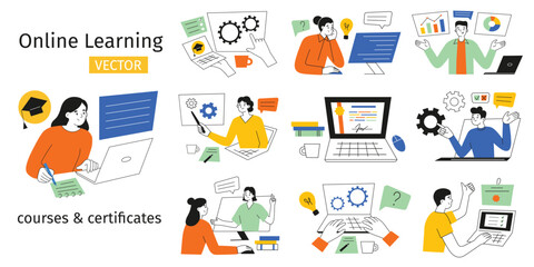 Online education compositions, people learning on computer, distant courses scene collection, vector illustrations of students taking classes on business professions, internet exams and webinars 