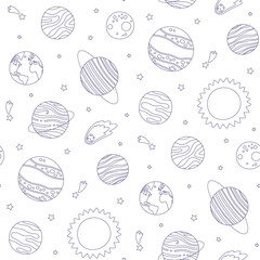 Vector seamless pattern with linear monochrome planets of the solar system on a white background