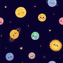 Fototapeta na wymiar Vector seamless pattern with cute characters planets of the solar system on a dark blue background