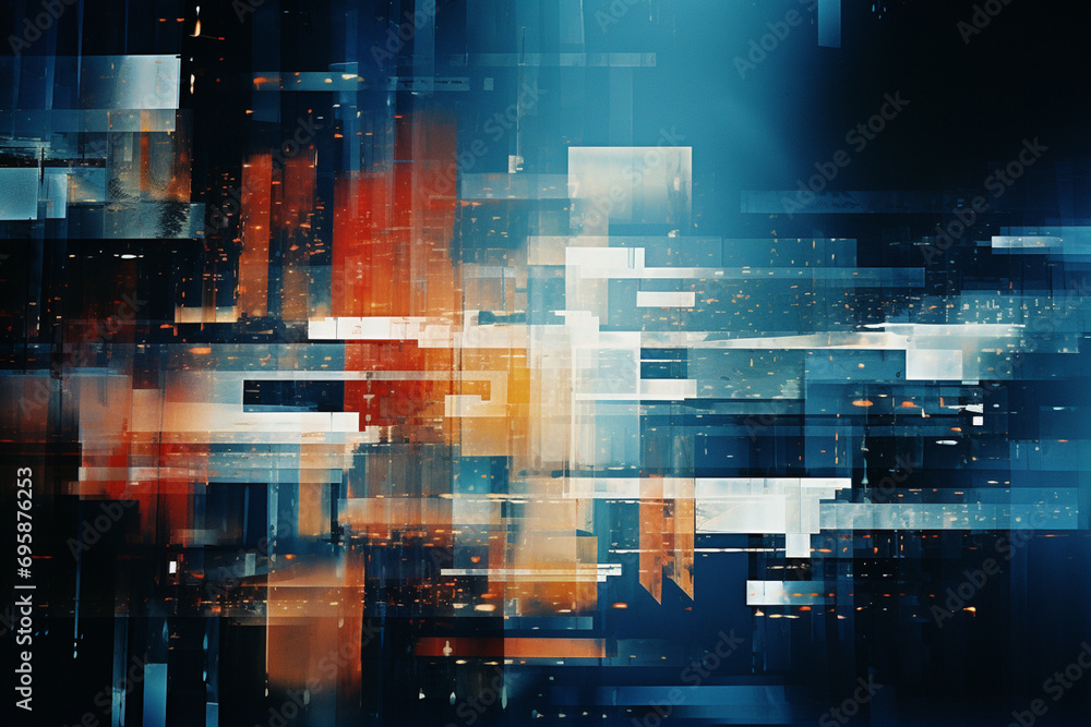 Poster an artistic interpretation of a pixelated image, breaking down into abstract forms.