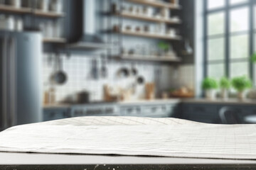 Desk of free space and kitchen interior. 