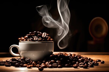 Coffee cup and saucer on a table. Dark background.