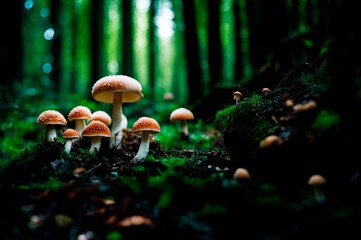 Fototapeta premium Fly agaric or fly-amanita mushrooms fungi with dark blur background and grass on surface.