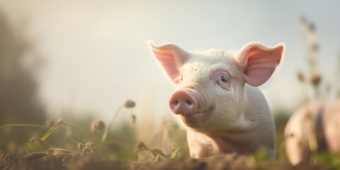 Cute piglets in a rural meadow, pink and happy, exploring nature on a sunny summer day. - obrazy, fototapety, plakaty