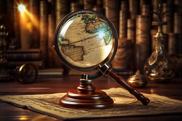 Globe and magnifier, wooden background. travel, study, education geography. map