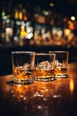 Classic whiskey on the rocks in a glass, the amber liquid glistening against a dark background.