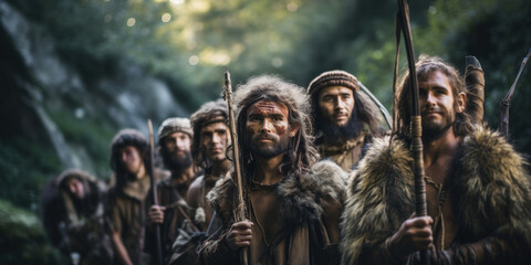 group of prehistoric humans, with a mix of primitive tools and expressions, showcasing the early stages of human evolution in a jungle setting. - obrazy, fototapety, plakaty