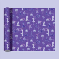 Vector women's yoga poses have a seamless pattern. Vector fabric texture for textile print, wrapping paper, gift cards, and wallpaper flat design.