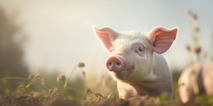 Cute piglets in a rural meadow, pink and happy, exploring nature on a sunny summer day.