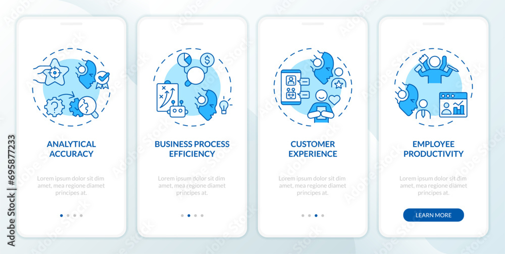 Poster 2d icons representing cognitive computing advantages mobile app screen set. walkthrough 4 steps blue