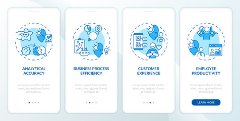 2D icons representing cognitive computing advantages mobile app screen set. Walkthrough 4 steps blue graphic instructions with linear icons concept, UI, UX, GUI template. - obrazy, fototapety, plakaty