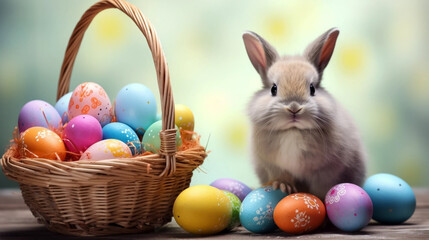 Fototapeta na wymiar copy space, stockphoto, cute rabbit sitting in a basket, some colored easter eggs next to the basket. Greeting card for easter. Easter mockup. Beautiful easter greeting card, invitation. Poster.