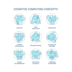 Collection of 2D editable blue thin line icons representing cognitive computing, isolated simple vector, linear illustration.