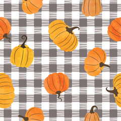 Seamless vector pattern with orange pumpkins. Perfect for Thanksgiving, Halloween print, wrapping paper	 - 695877420