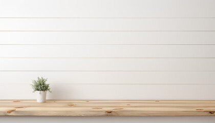 Empty wooden white table over white wall background 