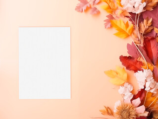 Wedding invitation card mockup with autumn composition. Top view
