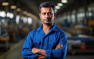Fototapeta na wymiar Confident indian male worker or labor standing in the factory