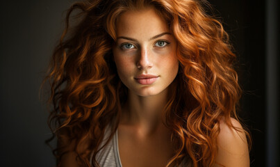 Intense Gaze of a Young Redhead Woman with Curly Hair in Soft Light, Evoking a Reflective Mood