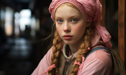 Fototapeta premium Ethereal Beauty: Young Woman with Braided Pigtails and Pink Headscarf Gazing Serenely in a Vintage Setting