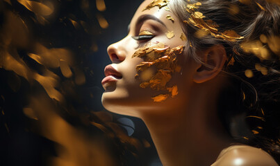 Abstract Elegance: Woman with Golden Flecks on Her Face, Reflecting a Fusion of Nature and Artistry in Profile View