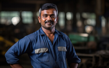 Fototapeta premium Confident indian male worker or labor standing in the factory