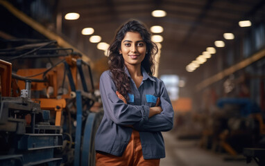 Young and confident indian female worker or labor at factory - obrazy, fototapety, plakaty