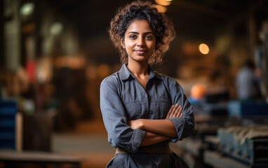 Young and confident indian female worker or labor at factory - obrazy, fototapety, plakaty