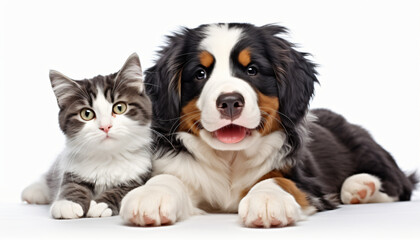 Happy pets. Adorable Bernese Mountain Dog puppy and gray tabby cat