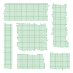Set of paper sheets. Pieces of decorative tape for scrapbooks. Washi tapes collection in vector. Ripped paper. Torn pieces of paper from a notebook in a cell. Green ribbons